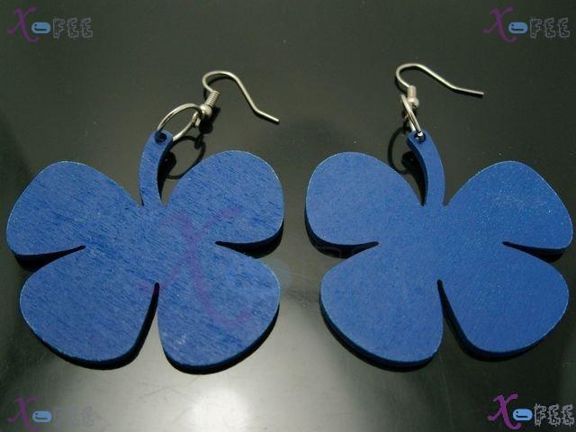 mteh00015 New Bohemia Craftswork lady Wooden Blue Flower 925 Sterling Silver Hook Earrings 2