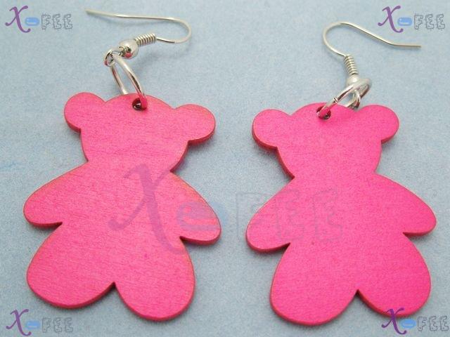 mteh00017 New Woman Jewelry Design Cute Pink Bear Wooden 925 Sterling Silver Hook Earrings 1