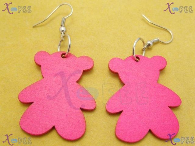 mteh00017 New Woman Jewelry Design Cute Pink Bear Wooden 925 Sterling Silver Hook Earrings 2