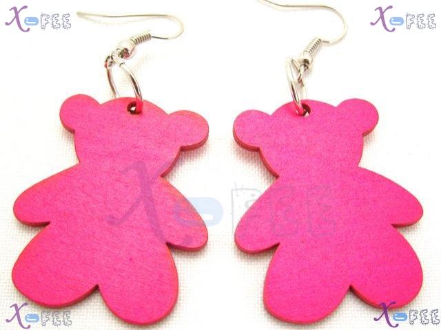 mteh00017 New Woman Jewelry Design Cute Pink Bear Wooden 925 Sterling Silver Hook Earrings 4