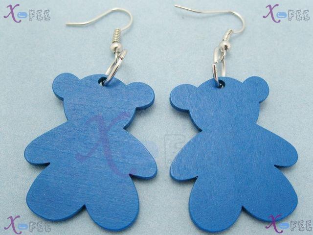 mteh00022 New Bohemia Deep Blue Fashion Lady Bear Wood 925 Sterling Silver Hook Earrings 2