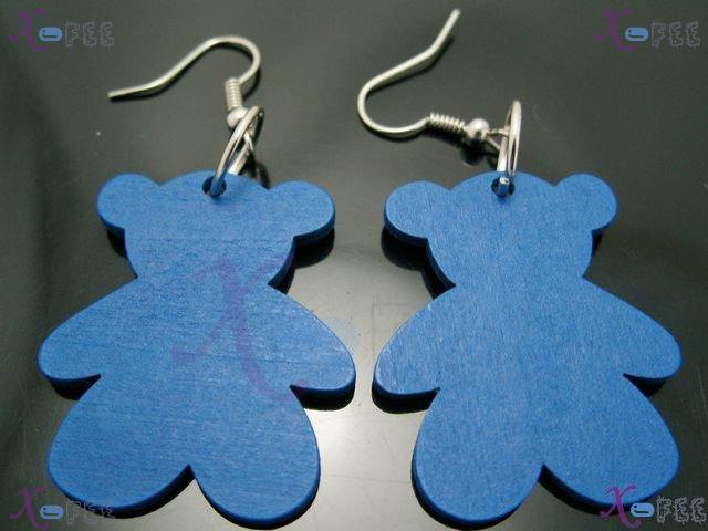 mteh00022 New Bohemia Deep Blue Fashion Lady Bear Wood 925 Sterling Silver Hook Earrings 3