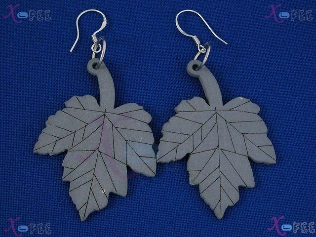 mteh00110 NEW Fashion Jewelry Woman 925 Sterling Silver Hook Leaves Wooden Dangle Earrings 2