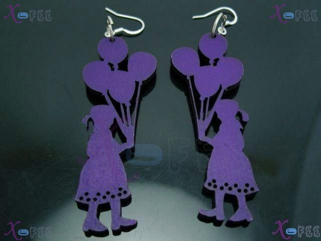 mteh00274 New Fashion Crafts JewelryPurple Girl Wooden 925 Sterling Silver Hook Earrings 2