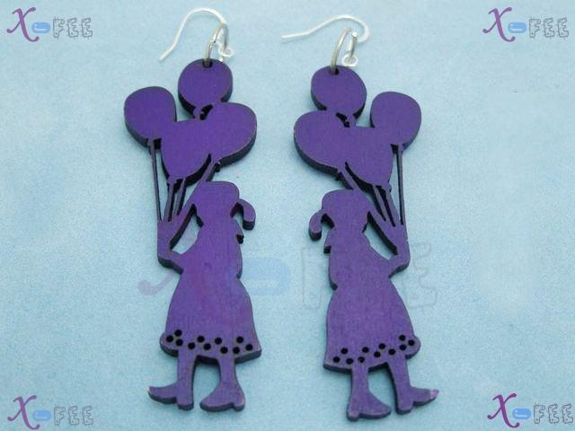 mteh00274 New Fashion Crafts JewelryPurple Girl Wooden 925 Sterling Silver Hook Earrings 3