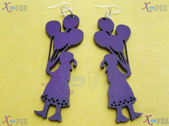 mteh00274 New Fashion Crafts JewelryPurple Girl Wooden 925 Sterling Silver Hook Earrings 4