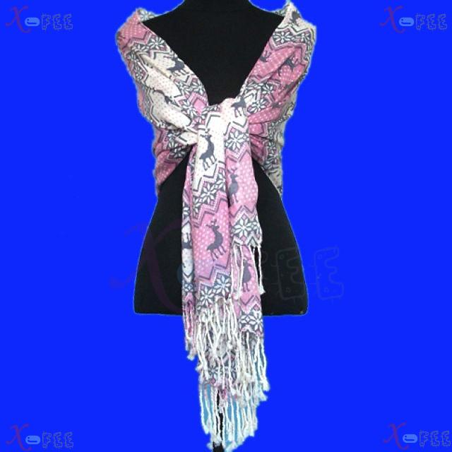 wjpj00558 Pink White Deer Snowflake Floral Woman Soft Twill Weave Winter Wrap Scarf Shawl 2